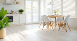 interior of modern bright dining room with white walls and wooden floor